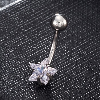 Piercing Jewelry, Brass Cubic Zirciona Navel Ring, Belly Rings, with 304 Stainless Steel Bar, Lead Free & Cadmium Free, Star, Clear, 20mm, Star: 8mm, Bar: 15 Gauge(1.5mm), Bar Length: 3/8"(10mm)