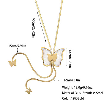 Bohemian Style 304 Stainless Steel with Acrylic Lariat Necklaces for Women, White, Golden, Butterfly, 23.62 inch(60cm), pendant: 34mm