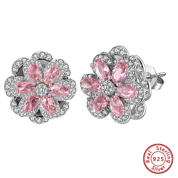 Rhodium Plated 925 Sterling Silver Rotating Flower Stud Earrings, with Pink Cubic Zirconia, with S925 Stamp, Real Platinum Plated, 17.5x17mm