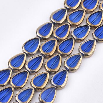 Electroplate Glass Beads Strands, Edge Plated, Teardrop, Blue, 16.5x11.5x5mm, Hole: 1mm, about 20pcs/strand, 12.9 inch