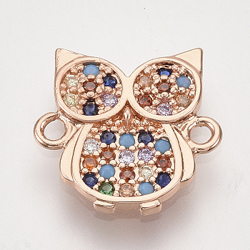 Brass Micro Pave Cubic Zirconia Links, Owl, Colorful, Rose Gold, 13x13x2mm, Hole: 1mm