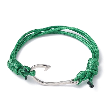 Fish Hook Shape 304 Stainless Steel Link Braclet, Waxed Polyester Cord Adjustable Bracelets, Green, Inner Diameter: 2-1/4~3-7/8 inch(5.7~9.8cm)