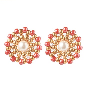 Shell Pearl & Glass Seed Braided Flower Stud Earrings, Golden 304 Stainless Steel Wire Wrap Jewelry for Women, Red, 19mm, Pin: 0.7mm