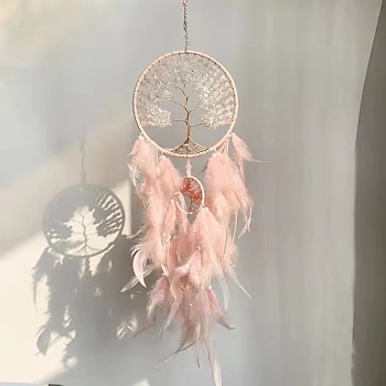 Natural Rose Quartz Chip Flat Round with Tree of Life Pendant Decorations, Woven Net/Web with Feather for Home Bedroom Hanging Decorations, 700mm