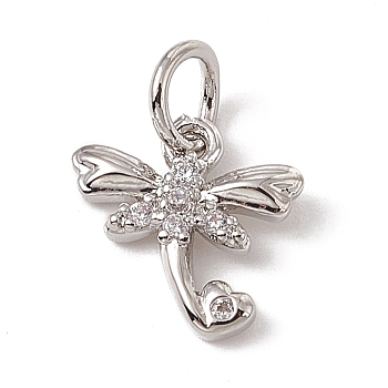 Brass Micro Pave Cubic Zirconia Charms, with Jump Rings, Dragonfly with Heart Charms, Platinum, 10x10x2mm, Hole: 3.4mm