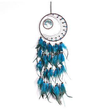 Iron & Synthetic Turquoise Woven Web/Net with Feather Pendant Decorations, Flat Round with Tree, Dodger Blue, 160mm