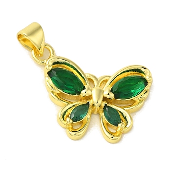 Brass with Glass Pendants, Real 18K Gold Plated, Butterfly, Sea Green, 23x20x4mm, Hole: 5x3.5mm