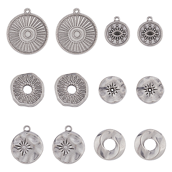 DIY Jewelry Making Finding Kit, Including 36Pcs 6 Style 304 Stainless Steel Pendants & Settings & Beads, Flat Round with Sun & Eye & Sunflower, Stainless Steel Color, 14~28x13~25x1.5~4mm, Hole: 1.2~6mm, 6Pcs/style