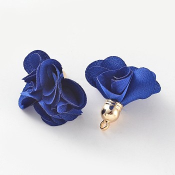 Polyester Flower Pendant Decorations, with Golden Plated CCB Plastic Findings, Marine Blue, 26x24mm, Hole: 2mm