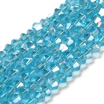 Glass Beads Strands, AB Color Plated, Faceted, Bicone, Deep Sky Blue, 3x3~3.5mm, Hole: 0.5mm, about 125~130pcs/strand, 15.5 inch