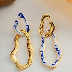Alloy & Enamel Dangle Stud Earrings, Hollow Nuggets, Golden, Blue, 55.7x19.2mm(WG242C1-01)