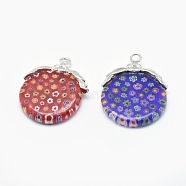 Handmade Millefiori Glass Pendants, with Brass Findings, Flat Round with Flower, Platinum, Mixed Color, 35~41x28~30x6mm, Hole: 3mm(LAMP-O016-07P)