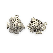Brass Pendants, Hollow Butterflyfish with Glass Rhinestones Inside, Matte Platinum, 22x20x10mm, Hole: 2mm(KK-J186-38MP)