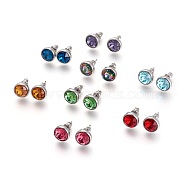 304 Stainless Steel Stud Earrings, with Rhinestone, Flat Round, Mixed Color, 10x6mm, Pin: 0.9mm(EJEW-F182-A)