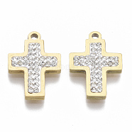 201 Stainless Steel Pendants, with Polymer Clay Crystal Rhinestone, for Religion, Cross, Golden, 19x13x2~3mm, Hole: 1.6mm(STAS-N091-11G)