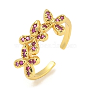 Flower Rack Plating Brass Micro Pave Cubic Zirconia Open Cuff Rings for Women, Cadmium Free & Lead Free, Long-Lasting Plated, Real 18K Gold Plated, Medium Violet Red, Flower: 9.8x20.5mm, Adjustable(RJEW-N047-01G-04-RS)