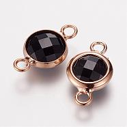 Faceted Glass Links connectors, with Rose Gold Tone Brass Findings, Flat Round, Black, 19x11x5mm, Hole: 2.5mm(KK-F694-A07)