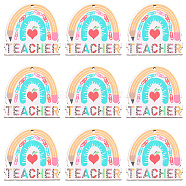 2 Bags Single Face Printed Wood Pendants, Teachers' Day Rainbow Charms with Word Teacher, Colorful, 42x44.5x2.5mm, Hole: 2mm, 10pcs/bag(WOOD-SC0001-57)