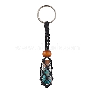 Synthetic Turquoise Wishing Bottle Keychain, Nylon Cord Macrame Pouch Stone Holder, with Iron Split Key Rings and Wood Bead, 10.5cm(KEYC-JKC00726-01)