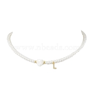 Brass Micro Pave Grade AAA Cubic Zirconia Letter Pendant Necklaces, Heart & Round Baking Painted Pearlized Glass Pearl Beaded Necklaces for Women, Letter L, 15.20 inch(38.6cm)(NJEW-JN04771-12)