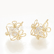 Brass Cubic Zirconia Stud Earrings, Flower, Nickel Free, Real 18K Gold Plated, 12x11mm, Pin: 0.8mm(KK-T029-16G)