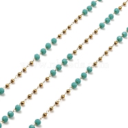 Rondelle Glass Beaded Link Chains, with Golden 304 Stainless Steel Paperclip Chains, Soldered, with Spool, Light Sea Green, 3x2.5mm, 2mm, about 32.81 Feet(10m)/Roll(CHS-G028-07G-02)