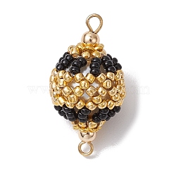 Seed Beads Loom Round Connector Charms, with Brass Double Loops, Gold & Black, Golden, 30x16mm, Hole: 2mm(PALLOY-MZ00375)