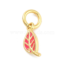 Real 18K Gold Plated Rack Plating Brass Enamel Charms, with Jump Ring, Long-Lasting Plated, Lead Free & Cadmium Free, Leaf Charm, Deep Pink, 9.5x4x1.5mm, Hole: 3mm(KK-M293-25G-02)