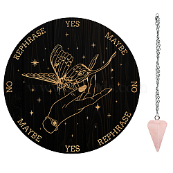 AHADEMAKER 1Pc Wood Pendulum Board, 1Pc 304 Stainless Steel Cable Chain Necklaces, 1Pc Natural Rose Quartz Stone Pendants, for Witchcraft Wiccan Altar Supplies, Butterfly Pattern, Board: 200x4mm(DIY-GA0005-15C)