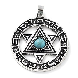 Tibetan Style Plastic Star of David Pendants, Flat Round Alloy Charms with Hexagram Pattern, Antique Silver, 35x31.5x4.5mm, Hole: 3x3.5mm(FIND-I042-02AS)