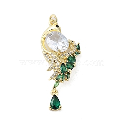Rack Plating Peacock Brass Micro Pave Cubic Zirconia Pendants, Cadmium Free & Lead Free, Long-Lasting Plated, Real 18K Gold Plated, with Jump Ring, Green, 38x16x4.5mm, Hole: 2.8mm(KK-E102-08G)
