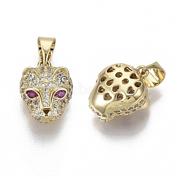 Brass Micro Pave Cubic Zirconia Charms, Nickel Free, Leopard Head, Clear, Real 18K Gold Plated, 13.5x10.5x8mm, Hole: 4mm(X-ZIRC-R109-044G-NF)