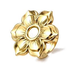 Adjustable 304 Stainless Steel Open Cuff Ring Components, Bezel Cup Ring Settings, Flower, Ion Plating(IP), Real 18K Gold Plated, Tray: 6mm, Inner Diameter: 18mm, Flower: 25.5x29.5mm(STAS-P403-01A-G)