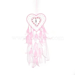 Heart Woven Web/Net with Feather Hanging Ornaments, Iron Ring and Wood Beads for Home Living Room Bedroom Wall Decorations, Pink, 580mm(HJEW-G025-12A)