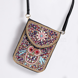 PU Leather Women's Crossbody Bags, Beaded Pattern Bohemian Style Phone Bag, with Magnetic Clasp, Owl, 180x135mm(WG44500-01)