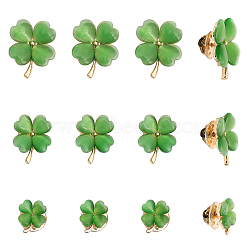 12Pcs 3 Size Green Resin Clover Lapel Pin Brooch, Alloy Badge for Backpack Clothes, Light Gold, 14~24x11.5~19x3.5~4.5mm, Pin: 1mm(JEWB-CA0001-39)