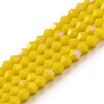 Opaque Solid Color Imitation Jade Glass Beads Strands, AB Color Plated, Faceted, Bicone, Yellow, 4x4mm, Hole: 0.8mm, about 82~85pcs/strand, 12.01~12.2 inch(30.5~31cm)