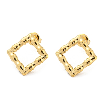 304 Stainless Steel Stud Earrings, Hollow Rhombus, Real 14K Gold Plated, 19x15mm