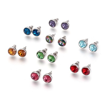 304 Stainless Steel Stud Earrings, with Rhinestone, Flat Round, Mixed Color, 10x6mm, Pin: 0.9mm