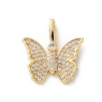 Brass Micro Pave Clear Cubic Zirconia Pendants, Butterfly Charms, Rack Plating, Long-Lasting Plated, Lead Free & Cadmium Free, Real 18K Gold Plated, 19.5x18x2.5mm, Hole: 5.5x2mm