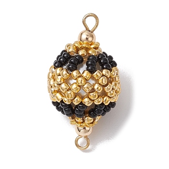 Seed Beads Loom Round Connector Charms, with Brass Double Loops, Gold & Black, Golden, 30x16mm, Hole: 2mm