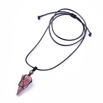 Natural Rhodonite Pendants Necklaces, with Waxed Cord and Nylon Cord, Cone, 31.18 inch~33 inch(79.2~84cm), 1.5~2mm