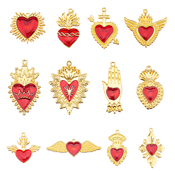 24Pcs 12 Styles Alloy Enamel Pendants, Golden, Heart Charm, Red, 29~53.5x15~40x2.5~5mm, Hole: 1.6~2.2mm, 2pcs/style