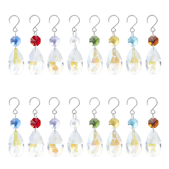 Glass Pendant Decorations, with Stainless Steel S-Hook, Teardrop, Mixed Color, 82mm, 8pcs/set, 2 sets/box