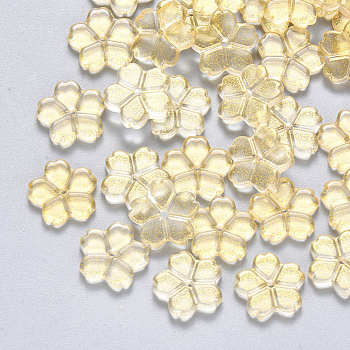 Transparent Spray Painted Glass Beads, with Glitter Powder, Flower, Gold, 11.5x12x2.5mm, Hole: 1mm