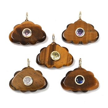 Natural Tiger Eye Pendants, Cloud Charms, with Brass Pave Cubic Zirconia Findings, Golden, 23.5x25~25.5x6.5~7.5mm, Hole: 4.5x3mm