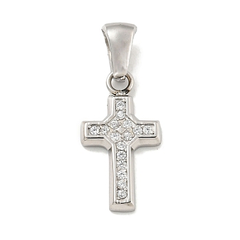 304 Stainless Steel Cubic Zirconia Pendants, Cross Charm, Stainless Steel Color, 18.5x10x2mm, Hole: 6x3.5mm