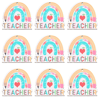 2 Bags Single Face Printed Wood Pendants, Teachers' Day Rainbow Charms with Word Teacher, Colorful, 42x44.5x2.5mm, Hole: 2mm, 10pcs/bag