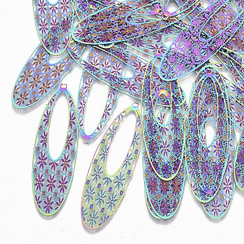 Ion Plating(IP) 304 Stainless Steel Filigree Big Pendants, Etched Metal Embellishments, Oval with Flower, Rainbow Color, 55x17x0.3mm, Hole: 1.2mm