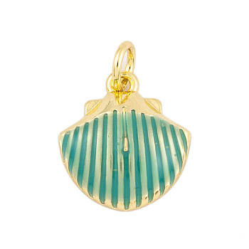 Rack Plating Brass Enamel Pendants, Cadmium Free & Lead Free, Long-Lasting Plated, Real 18K Gold Plated, Shell Shape, Medium Sea Green, 14x13x4mm, Hole: 3mm